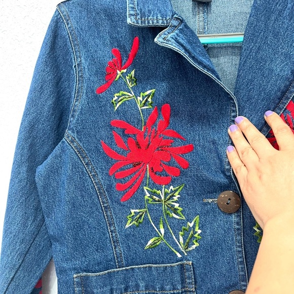 New Directions Blue Jean Jacket with Red Floral Embroidery small - Picture 5 of 7
